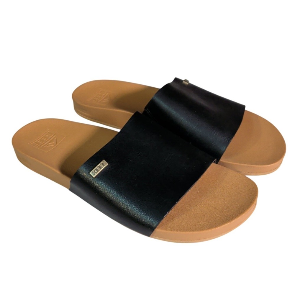 Reef Cushion Scout Slide Sandals Womens Size 9 Black Vegan Leather Beach Travel